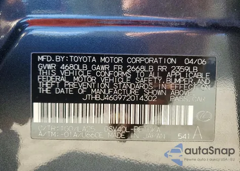 2007 Lexus Es 350 z USA, uszkodzony, nr VIN JTHBJ46G972014302